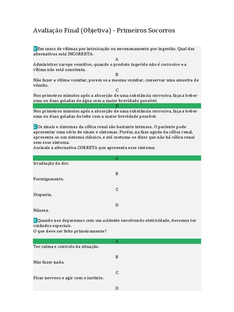 Avaliação Final Objetiva - Primeiros Socorros, PDF, Primeiros socorros